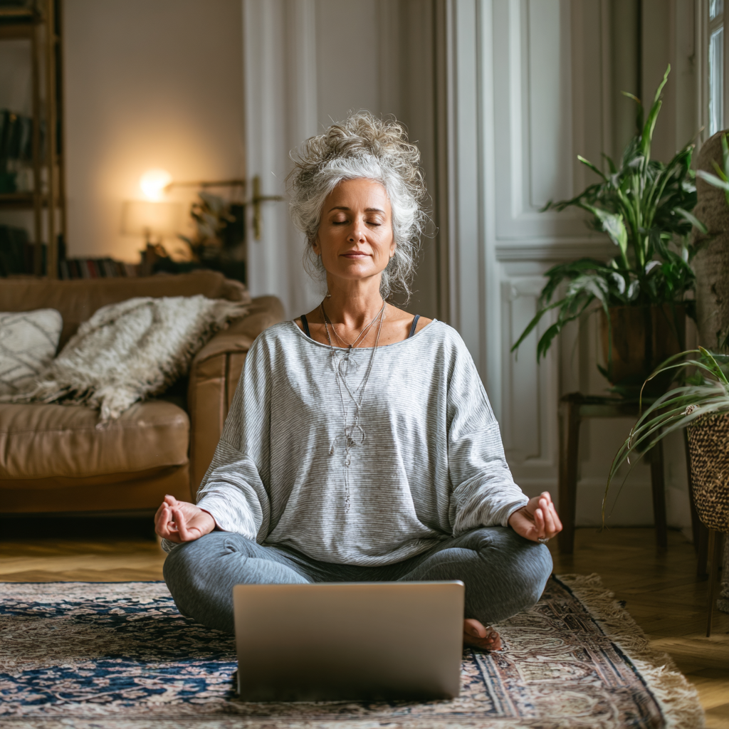 Жінка 52 роки практикує йогу вдома перед ноутбуком, онлайн заняття в затишній вітальні