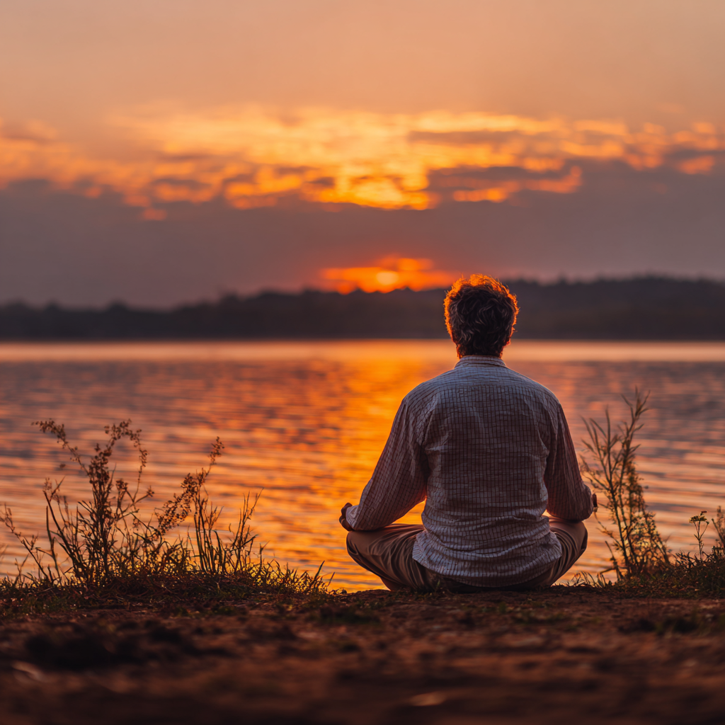 Чоловік 58 років медитує в позі лотоса на березі озера під час заходу сонця